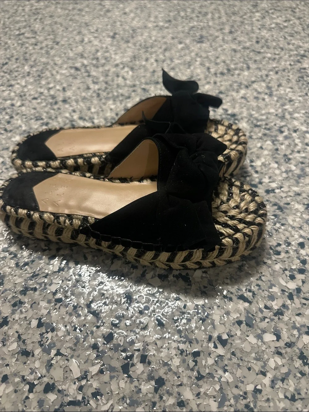 Women's Black Bow Espadrille Slide with Woven Platform